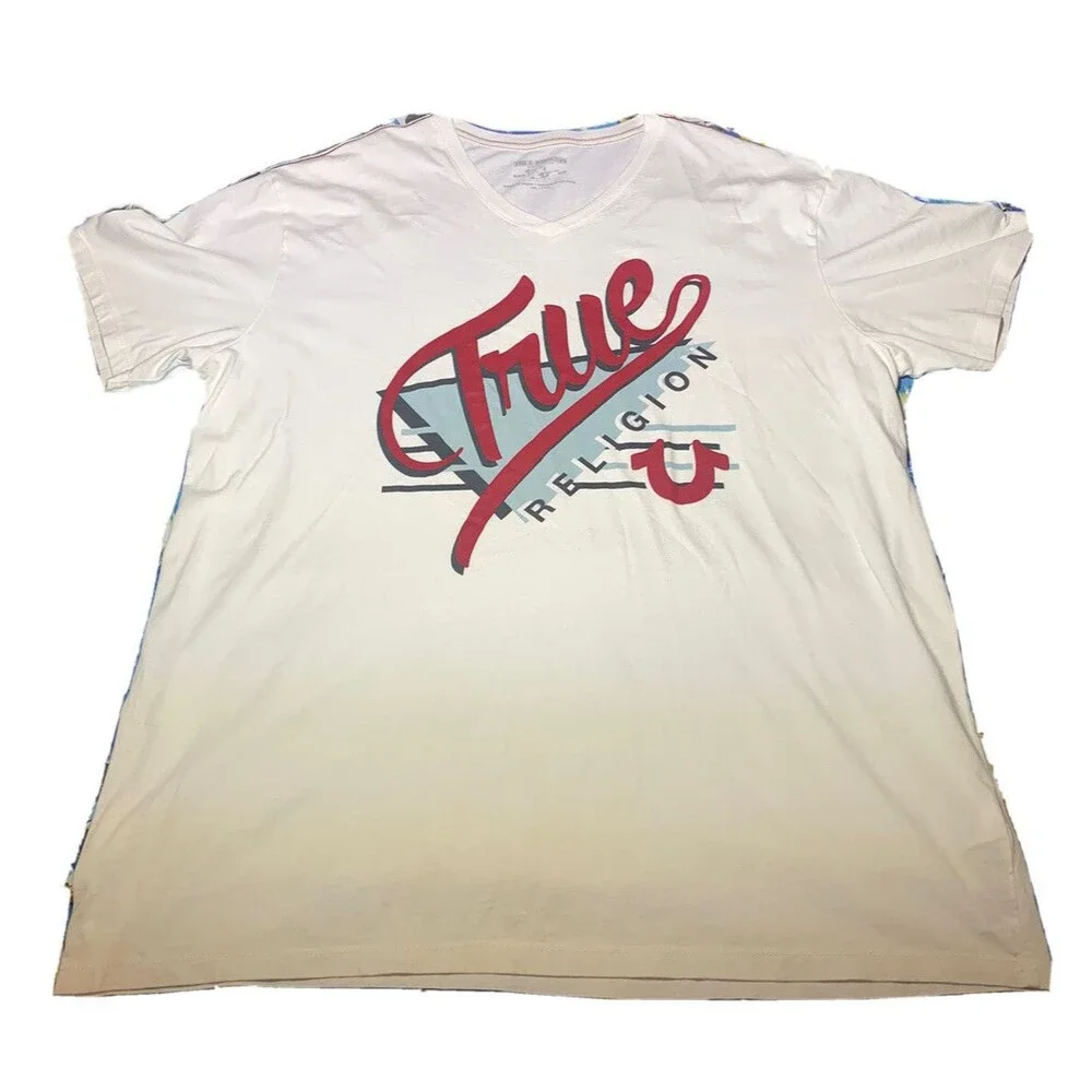 True Religion Jeans Graphic V Neck White T Shirt Men’s 3XL XXXL CLEAN Big Man